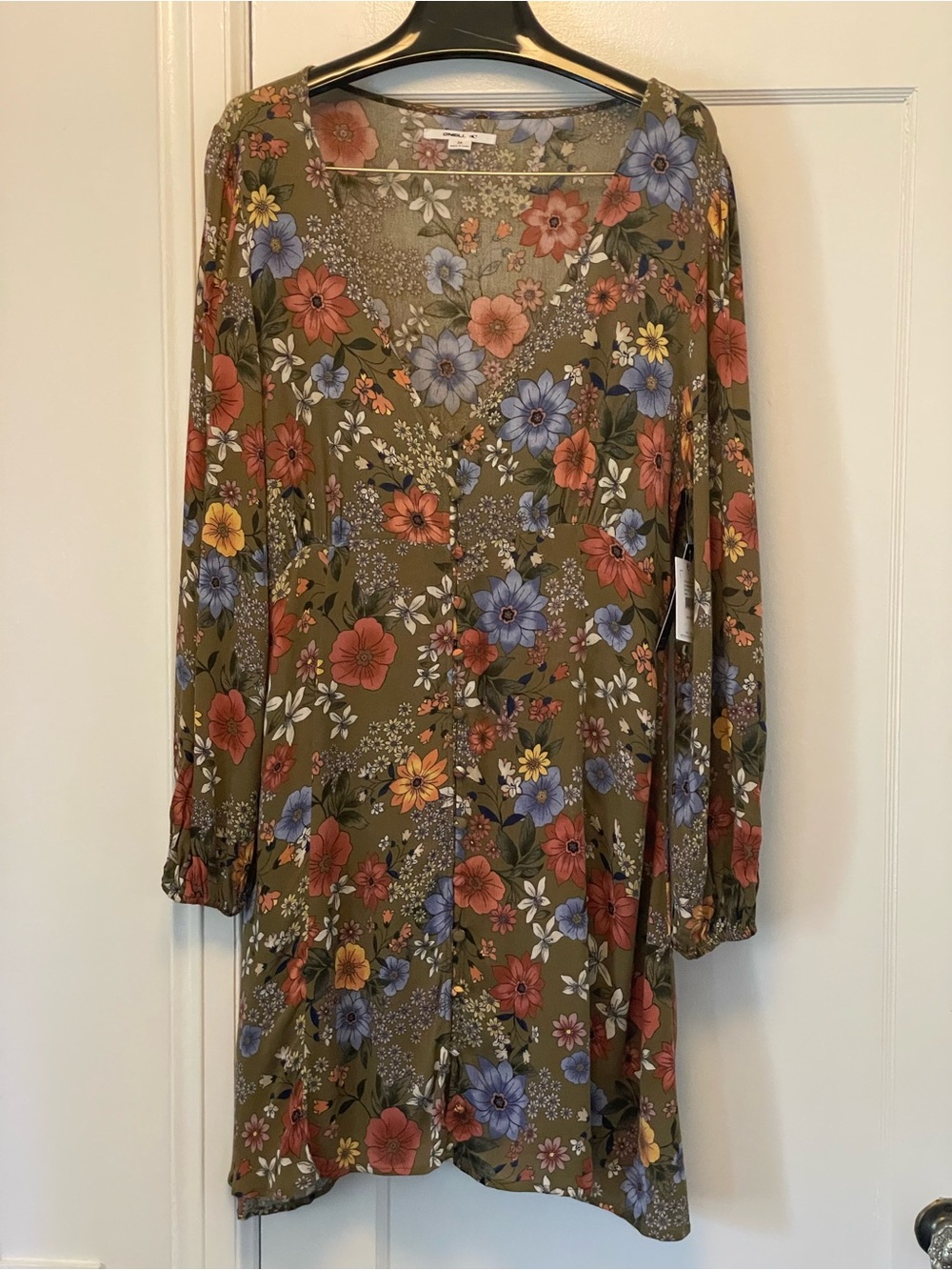 NWT O'Neill Olive Floral V-Neck Long Sleeve Dress with Blue & Coral Blooms